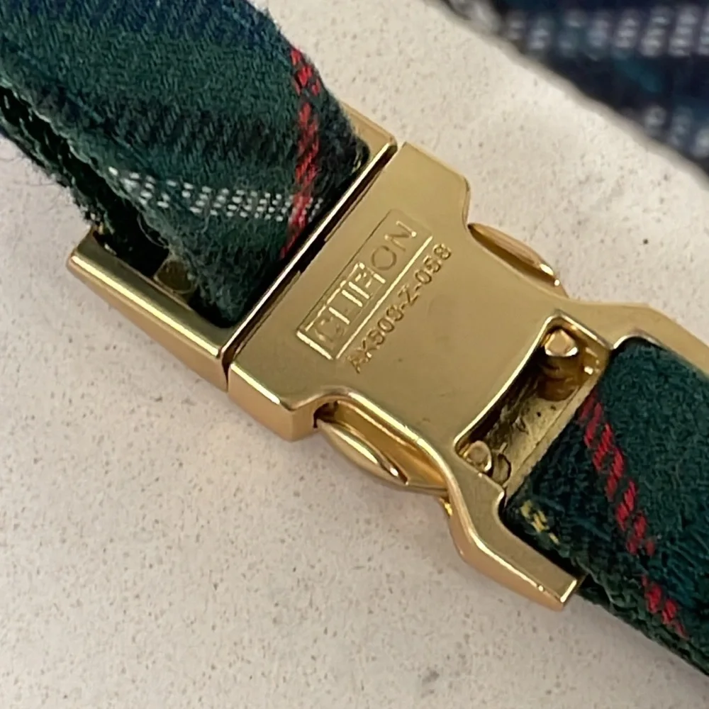 Holly Jolly Green Plaid Flannel Dog Collar Gold-tone Hardware Small-Medium X-MAS